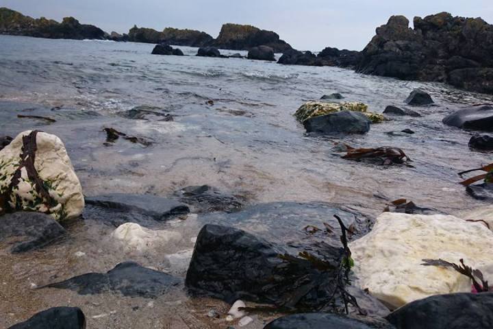 A close up of the water and rocks near Giants Causeway in Northern Ireland