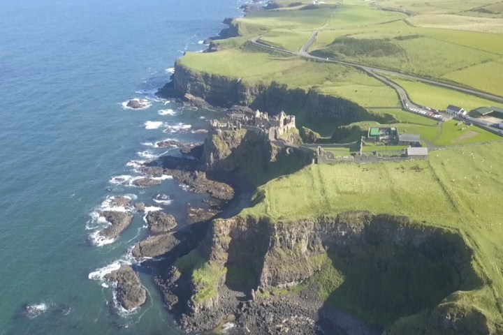 An aerial shot of Dunluce castle, in Northern Ireland